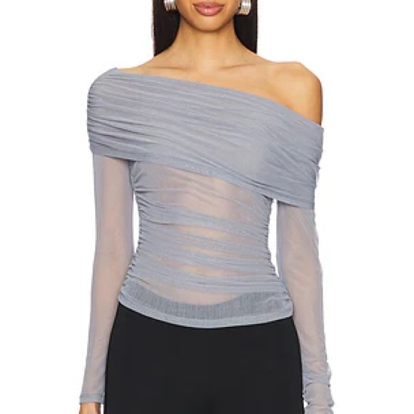 NWT House of Harlow 1960 Sheer Gray Off-Shoulder Blouse